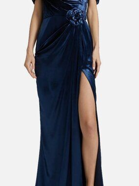 Marchesa Women's Blue Silk Velvet Off-the-Shoulder Draped Gown Dress Size 2